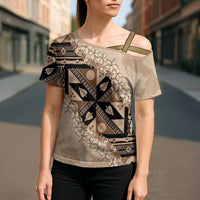 Bula Fiji Plumeria Tagimoucia Salusalu Beige Cross Shoulder Shirt Kaiviti Masi LT7 - Polynesian Pride