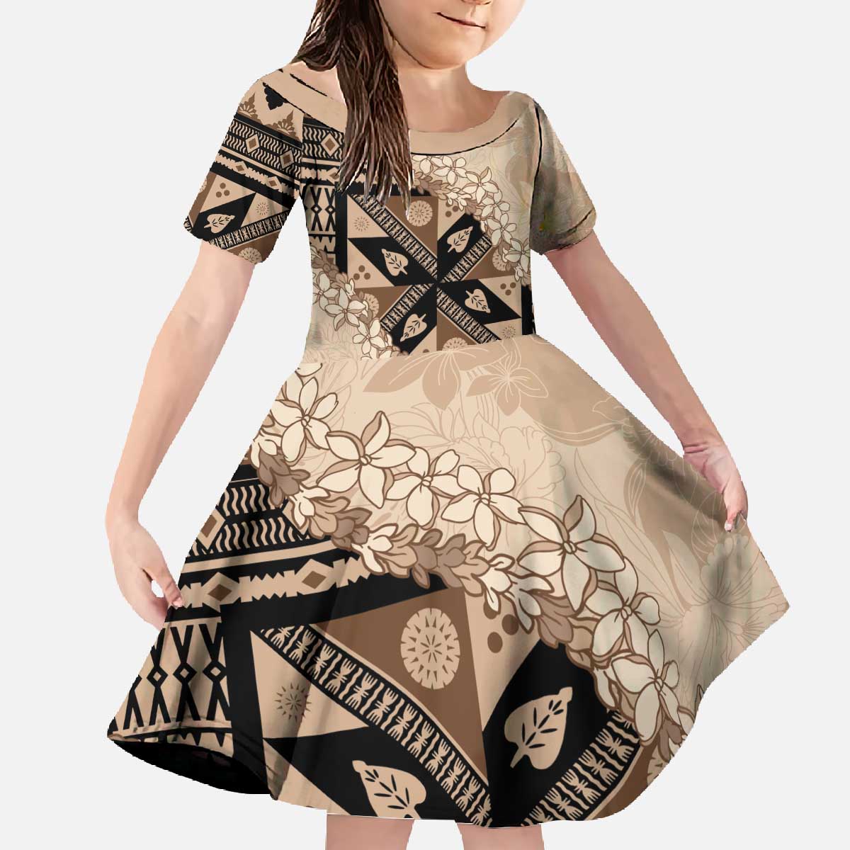 Bula Fiji Plumeria Tagimoucia Salusalu Beige Family Matching Off The Shoulder Long Sleeve Dress and Hawaiian Shirt Kaiviti Masi LT7 Daughter's Dress Beige - Polynesian Pride