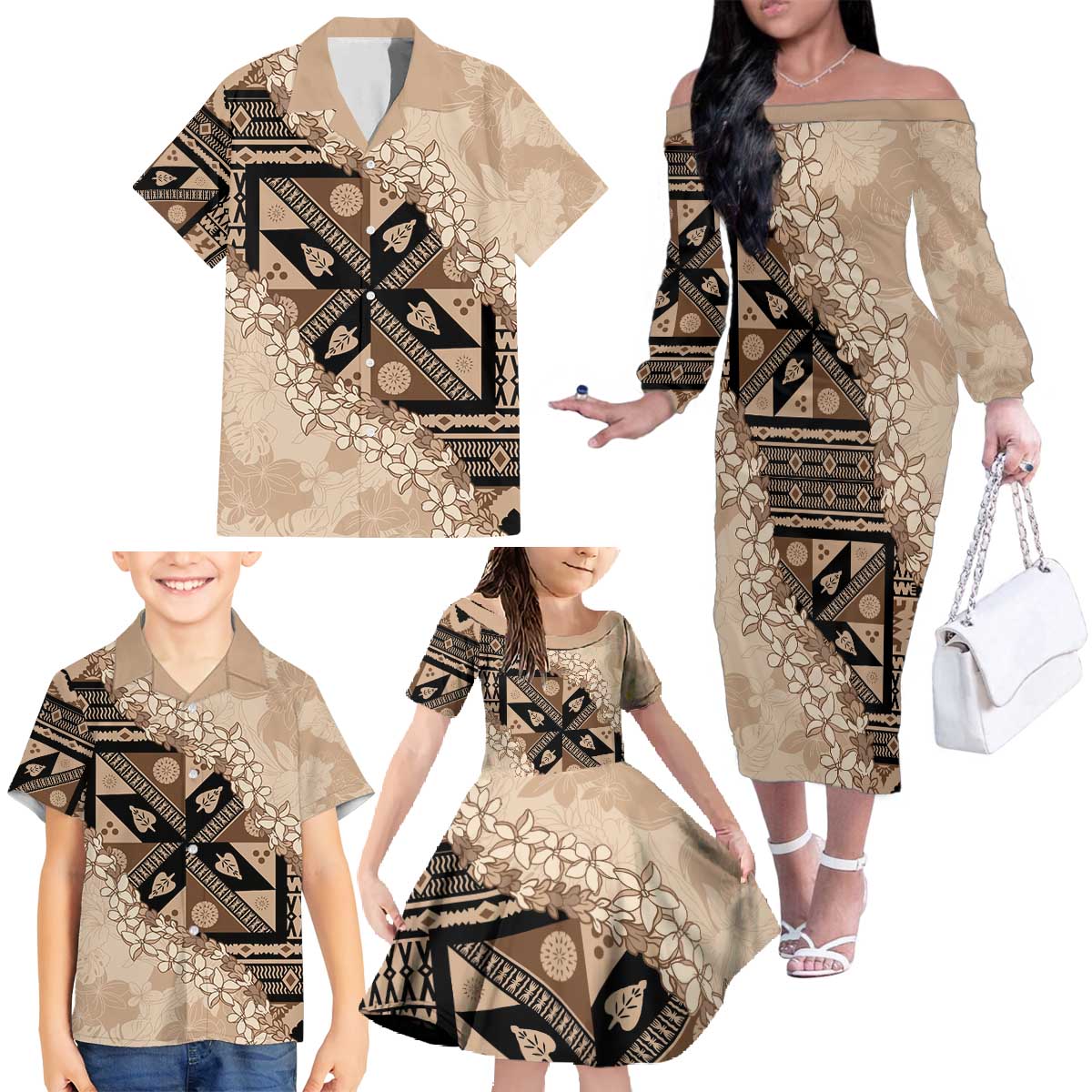 Bula Fiji Plumeria Tagimoucia Salusalu Beige Family Matching Off The Shoulder Long Sleeve Dress and Hawaiian Shirt Kaiviti Masi LT7 - Polynesian Pride