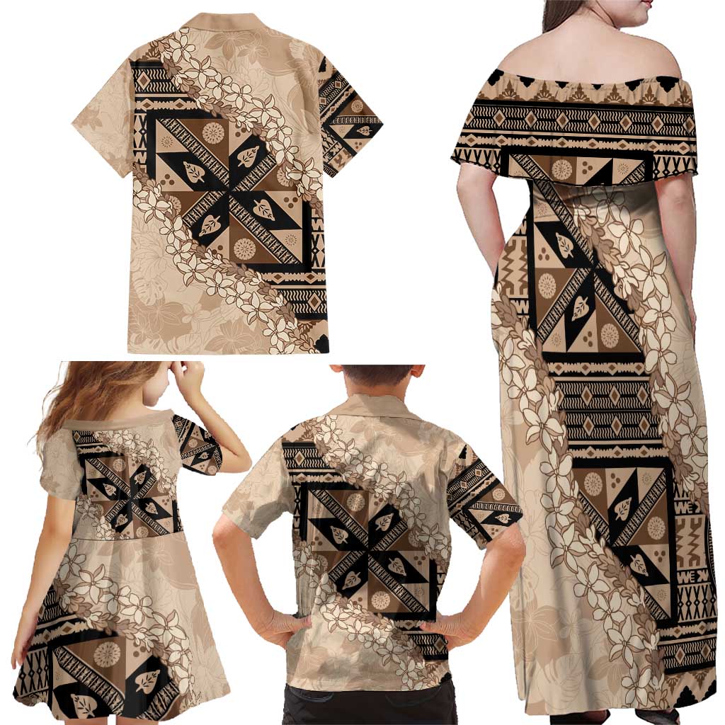 Bula Fiji Plumeria Tagimoucia Salusalu Beige Family Matching Off Shoulder Maxi Dress and Hawaiian Shirt Kaiviti Masi LT7 - Polynesian Pride