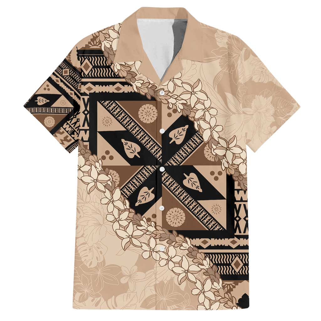 Bula Fiji Plumeria Tagimoucia Salusalu Beige Family Matching Off Shoulder Maxi Dress and Hawaiian Shirt Kaiviti Masi LT7 Dad's Shirt - Short Sleeve Beige - Polynesian Pride