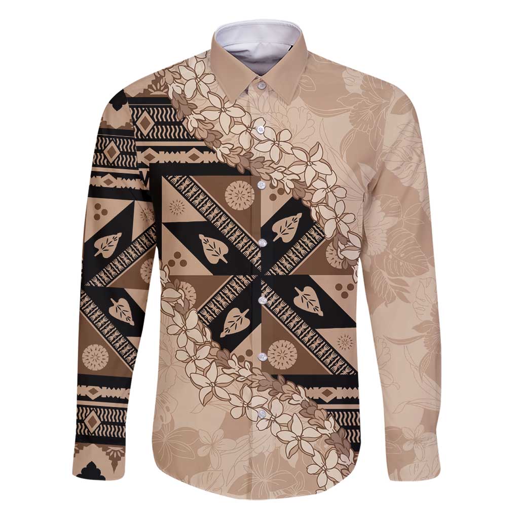 Bula Fiji Plumeria Tagimoucia Salusalu Beige Family Matching Off Shoulder Maxi Dress and Hawaiian Shirt Kaiviti Masi LT7 Dad's Shirt - Long Sleeve Beige - Polynesian Pride