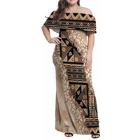 Bula Fiji Plumeria Tagimoucia Salusalu Beige Family Matching Off Shoulder Maxi Dress and Hawaiian Shirt Kaiviti Masi LT7 Mom's Dress Beige - Polynesian Pride