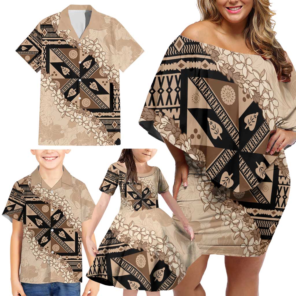 Bula Fiji Plumeria Tagimoucia Salusalu Beige Family Matching Off Shoulder Short Dress and Hawaiian Shirt Kaiviti Masi LT7 - Polynesian Pride