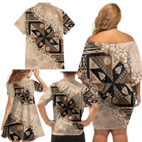 Bula Fiji Plumeria Tagimoucia Salusalu Beige Family Matching Off Shoulder Short Dress and Hawaiian Shirt Kaiviti Masi LT7 - Polynesian Pride