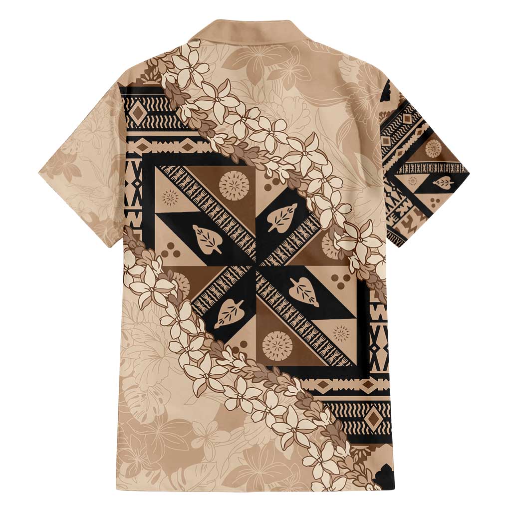Bula Fiji Plumeria Tagimoucia Salusalu Beige Family Matching Off Shoulder Short Dress and Hawaiian Shirt Kaiviti Masi LT7 - Polynesian Pride