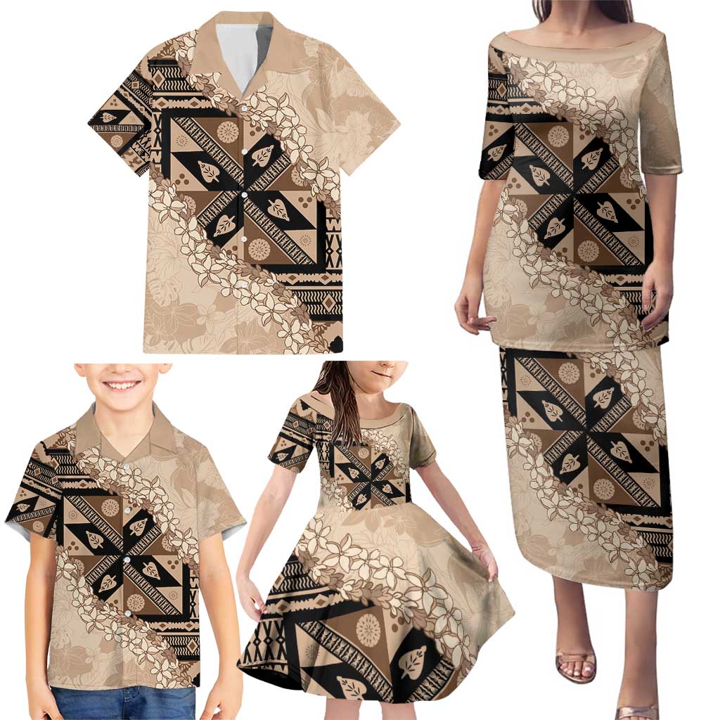 Bula Fiji Plumeria Tagimoucia Salusalu Beige Family Matching Puletasi and Hawaiian Shirt Kaiviti Masi LT7 - Polynesian Pride