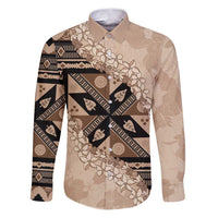 Bula Fiji Plumeria Tagimoucia Salusalu Beige Family Matching Puletasi and Hawaiian Shirt Kaiviti Masi LT7 Dad's Shirt - Long Sleeve Beige - Polynesian Pride