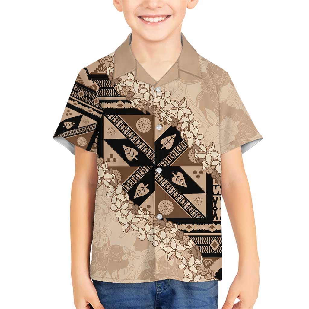Bula Fiji Plumeria Tagimoucia Salusalu Beige Family Matching Summer Maxi Dress and Hawaiian Shirt Kaiviti Masi LT7 Son's Shirt Beige - Polynesian Pride