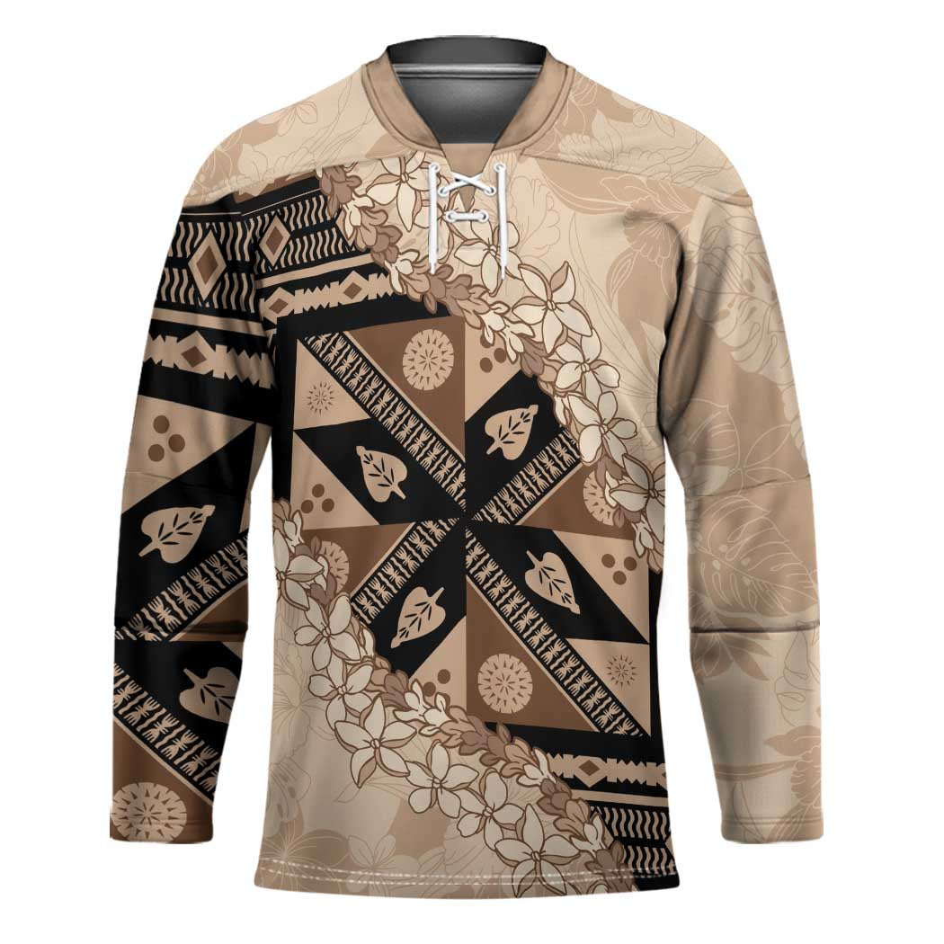 Bula Fiji Plumeria Tagimoucia Salusalu Beige Hockey Jersey Kaiviti Masi - Polynesian Pride