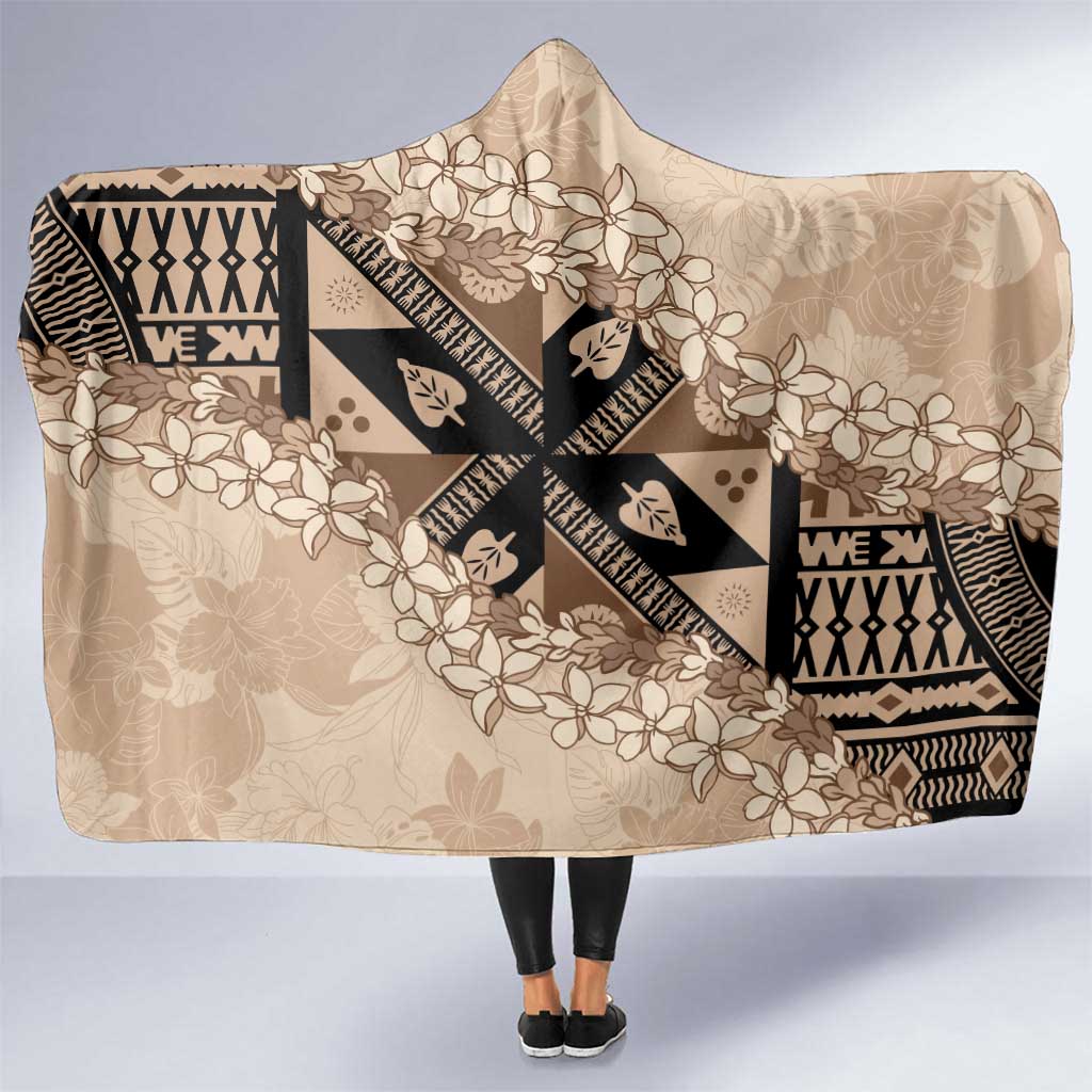 Bula Fiji Plumeria Tagimoucia Salusalu Beige Hooded Blanket Kaiviti Masi - Polynesian Pride