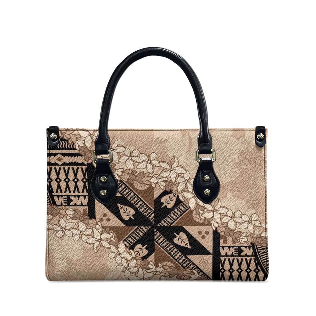 Bula Fiji Plumeria Tagimoucia Salusalu Beige Leather Bag Kaiviti Masi - Polynesian Pride