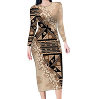 Bula Fiji Plumeria Tagimoucia Salusalu Beige Long Sleeve Bodycon Dress Kaiviti Masi LT7 Long Dress Beige - Polynesian Pride