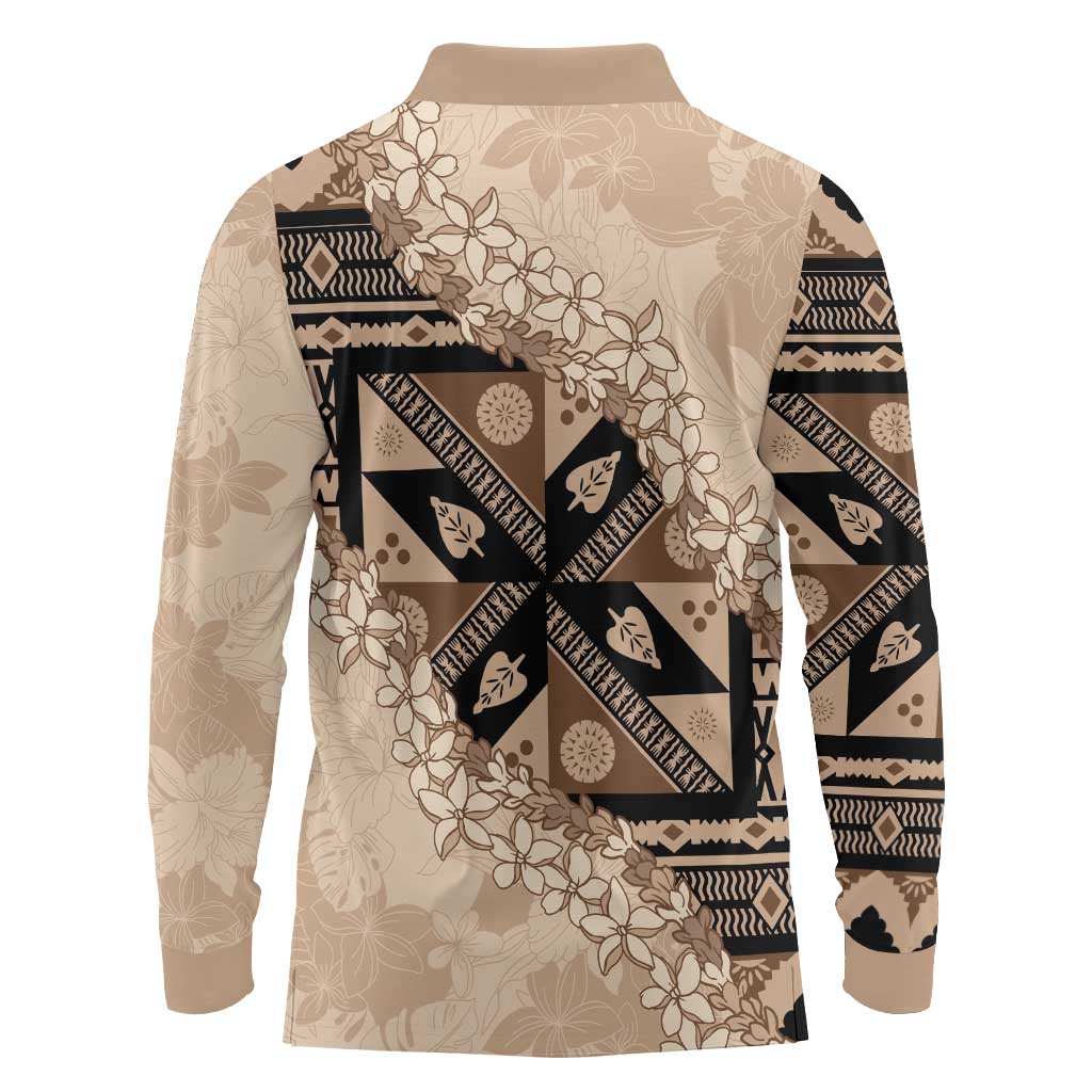 Bula Fiji Plumeria Tagimoucia Salusalu Beige Long Sleeve Polo Shirt Kaiviti Masi LT7 - Polynesian Pride