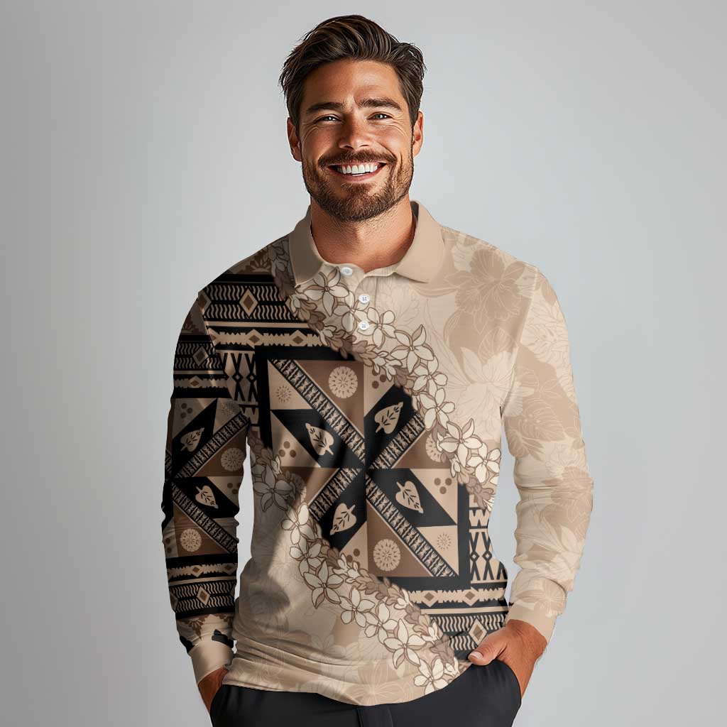 Bula Fiji Plumeria Tagimoucia Salusalu Beige Long Sleeve Polo Shirt Kaiviti Masi LT7 - Polynesian Pride