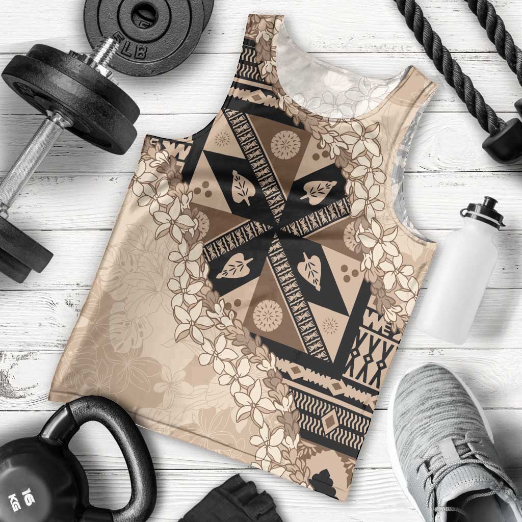Bula Fiji Plumeria Tagimoucia Salusalu Beige Men Tank Top Kaiviti Masi - Polynesian Pride