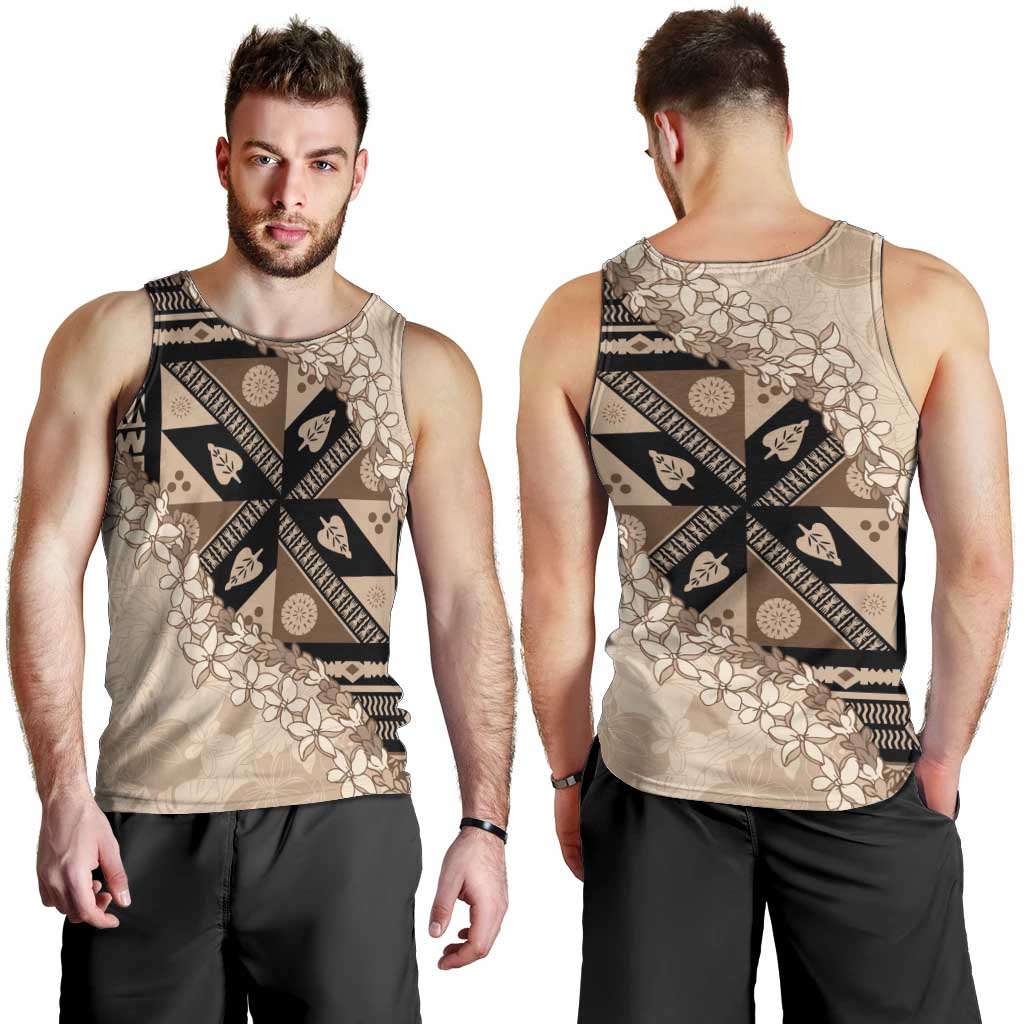 Bula Fiji Plumeria Tagimoucia Salusalu Beige Men Tank Top Kaiviti Masi - Polynesian Pride