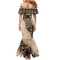 Bula Fiji Plumeria Tagimoucia Salusalu Beige Mermaid Dress Kaiviti Masi LT7 - Polynesian Pride