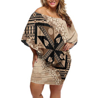 Bula Fiji Plumeria Tagimoucia Salusalu Beige Off Shoulder Short Dress Kaiviti Masi LT7 Women Beige - Polynesian Pride