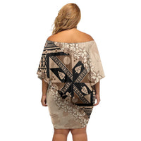 Bula Fiji Plumeria Tagimoucia Salusalu Beige Off Shoulder Short Dress Kaiviti Masi LT7 - Polynesian Pride