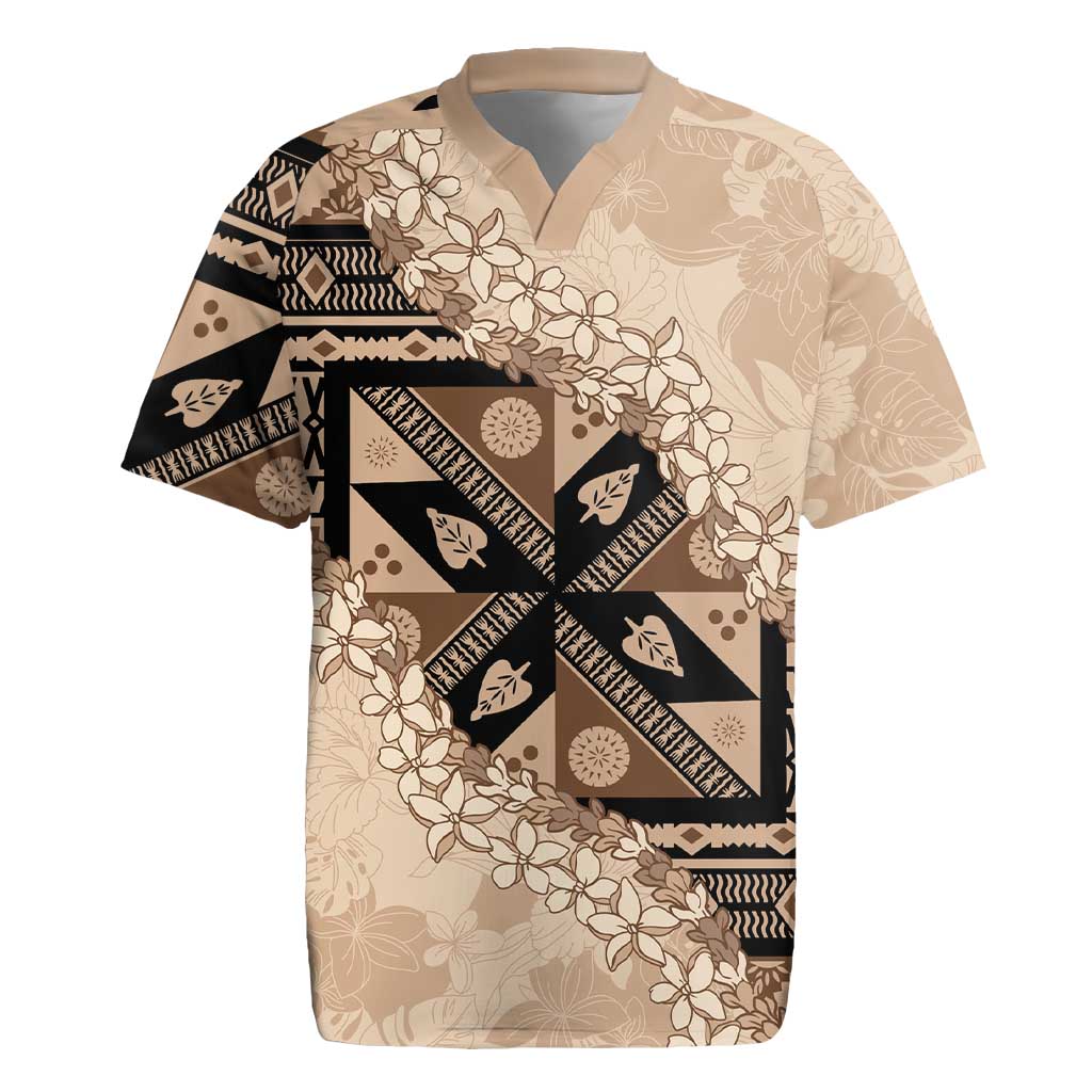 Bula Fiji Plumeria Tagimoucia Salusalu Beige Rugby Jersey Kaiviti Masi LT7 Beige - Polynesian Pride