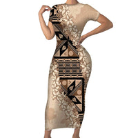 Bula Fiji Plumeria Tagimoucia Salusalu Beige Short Sleeve Bodycon Dress Kaiviti Masi LT7 Long Dress Beige - Polynesian Pride