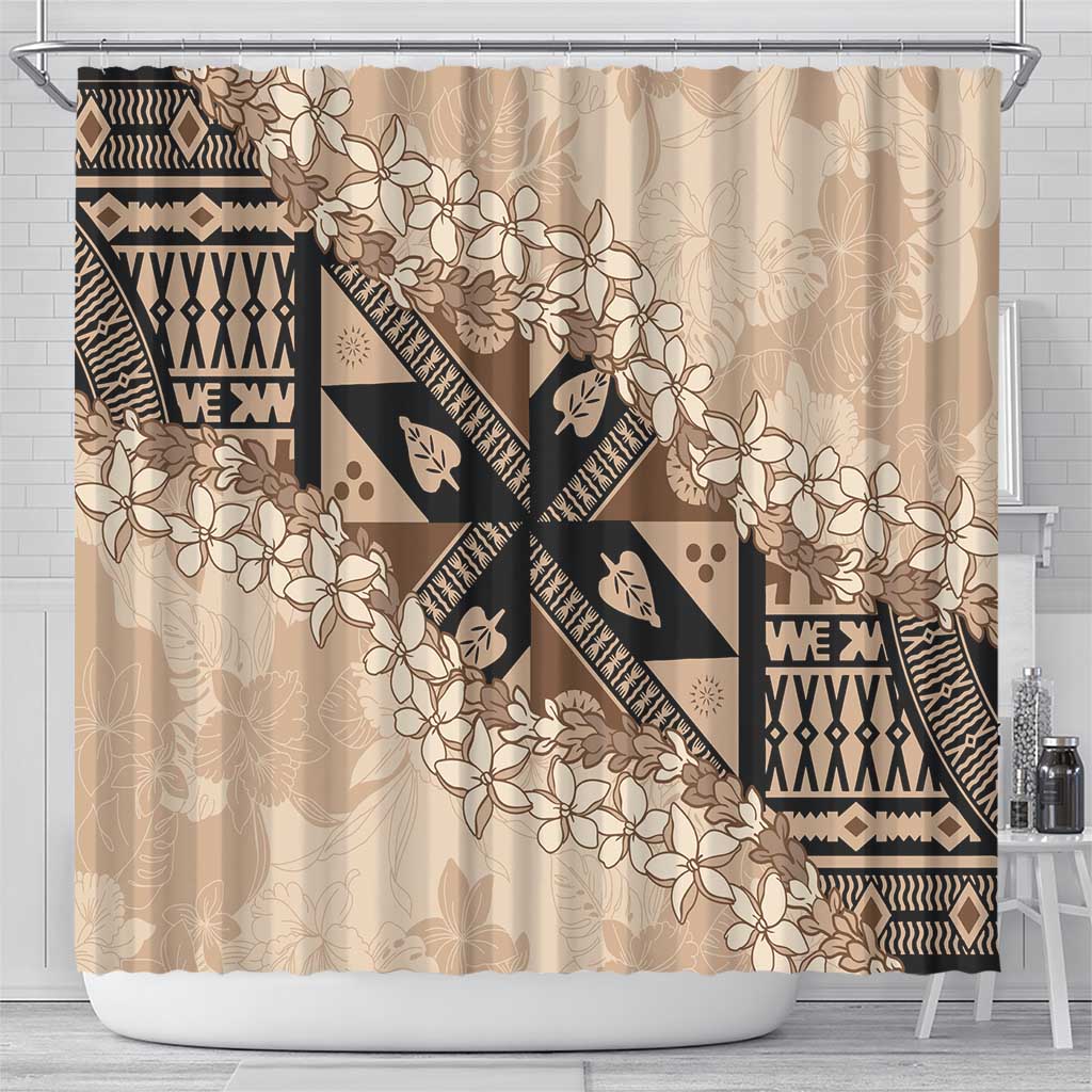 Bula Fiji Plumeria Tagimoucia Salusalu Beige Shower Curtain Kaiviti Masi - Polynesian Pride