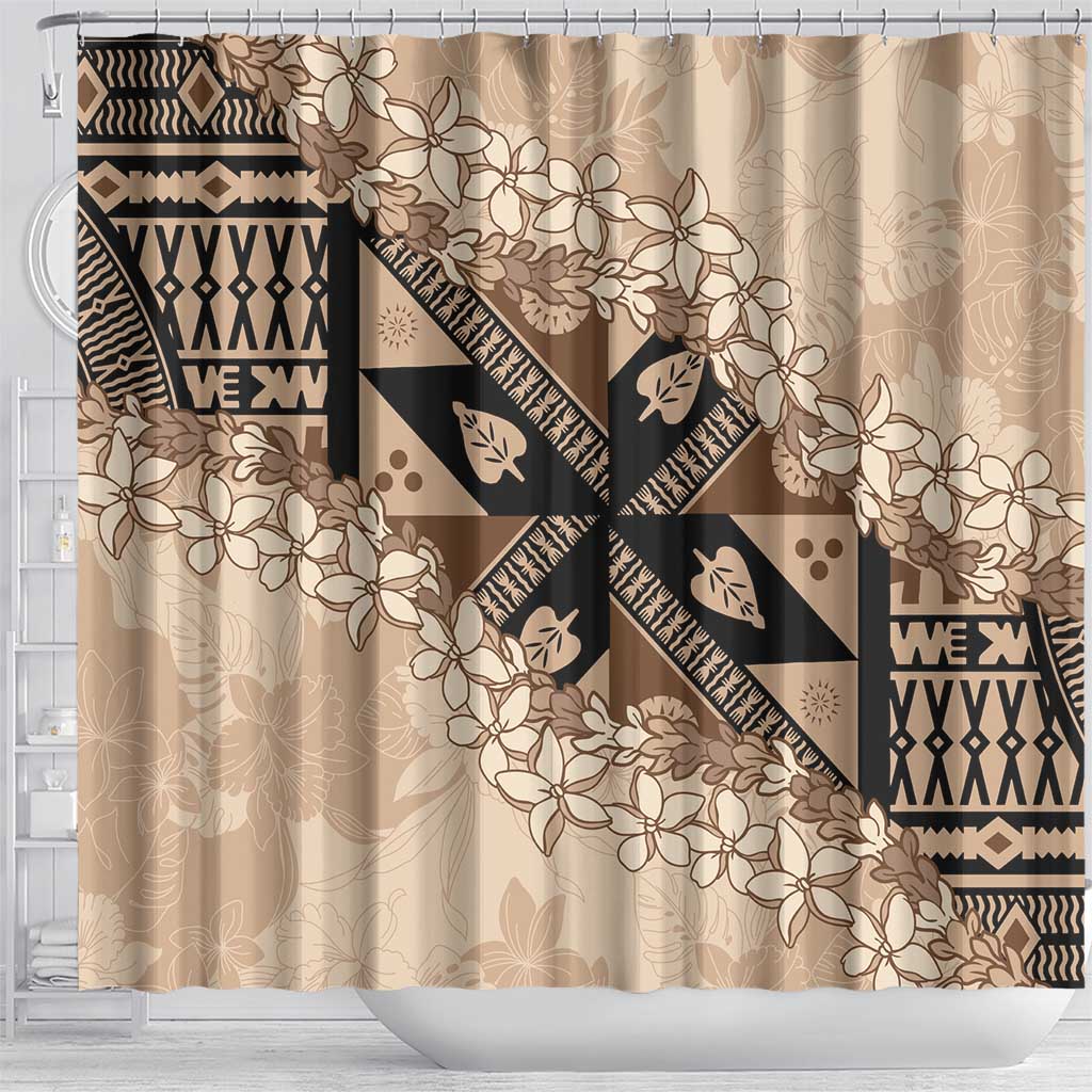 Bula Fiji Plumeria Tagimoucia Salusalu Beige Shower Curtain Kaiviti Masi - Polynesian Pride
