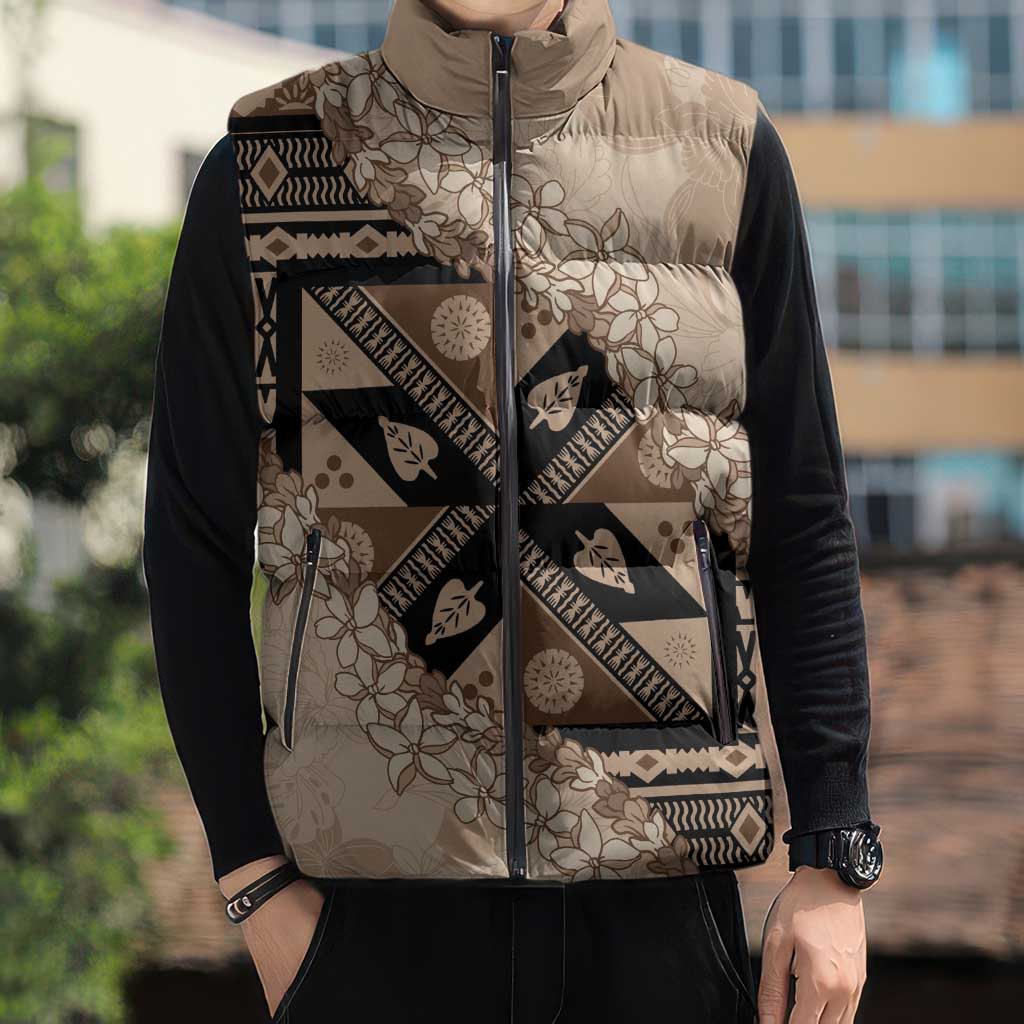 Bula Fiji Plumeria Tagimoucia Salusalu Beige Sleeveless Puffer Jacket Kaiviti Masi - Polynesian Pride