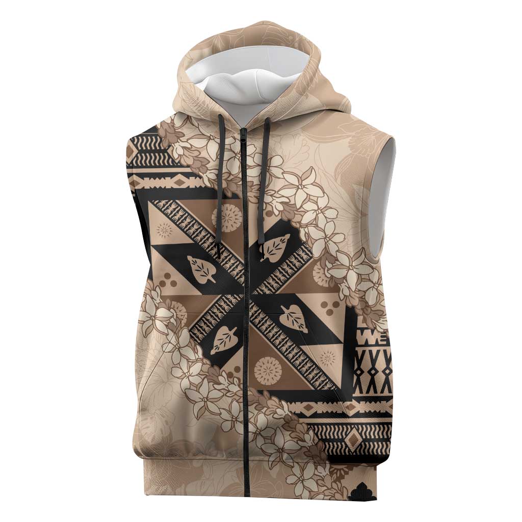 Bula Fiji Plumeria Tagimoucia Salusalu Beige Sleeveless Zip Hoodie Kaiviti Masi - Polynesian Pride