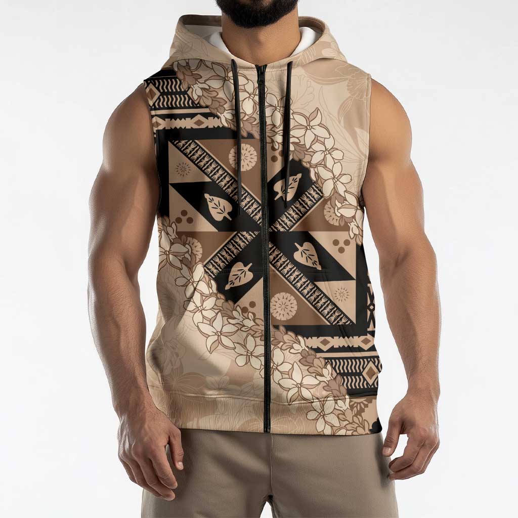 Bula Fiji Plumeria Tagimoucia Salusalu Beige Sleeveless Zip Hoodie Kaiviti Masi LT7 - Polynesian Pride