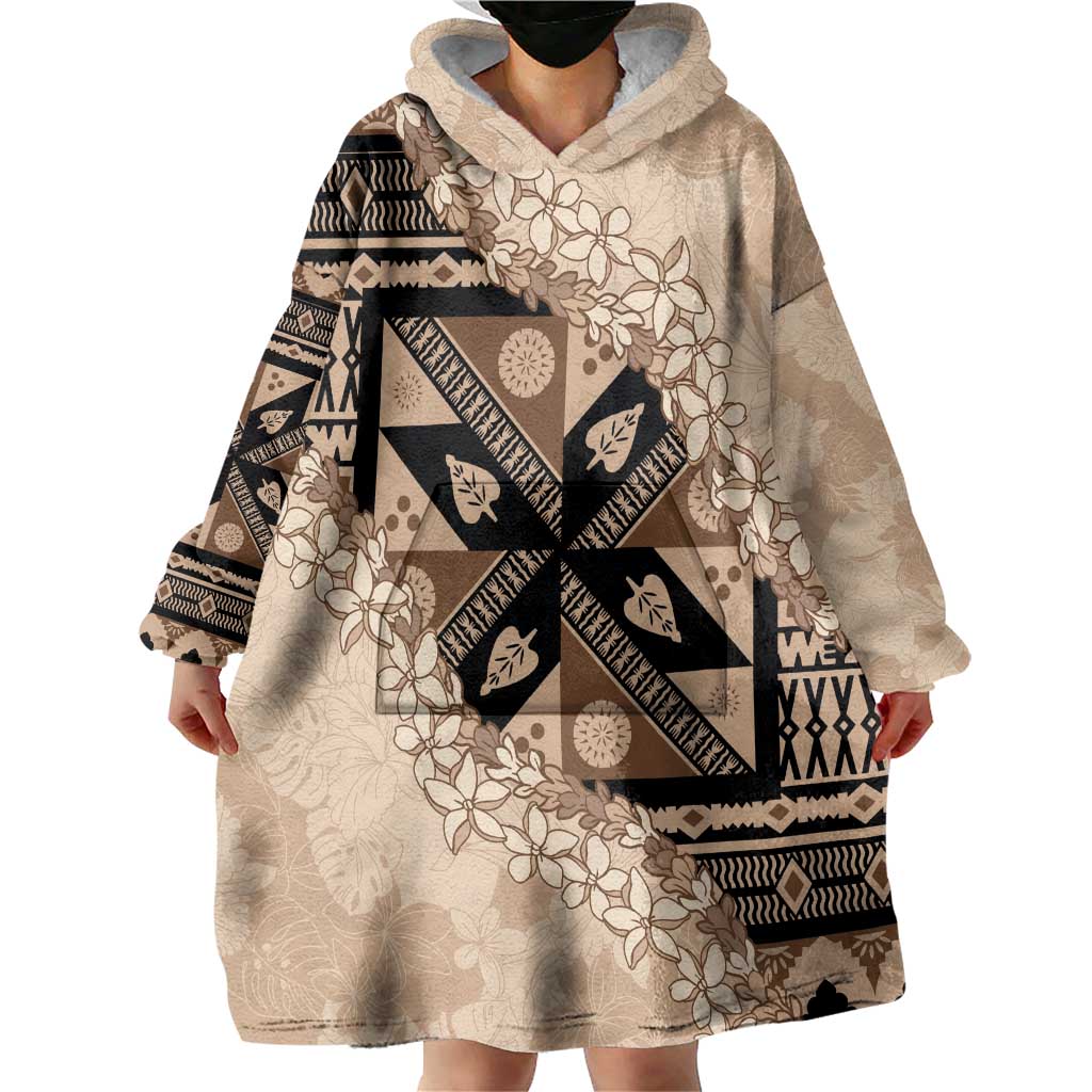 Bula Fiji Plumeria Tagimoucia Salusalu Beige Wearable Blanket Hoodie Kaiviti Masi LT7 - Polynesian Pride