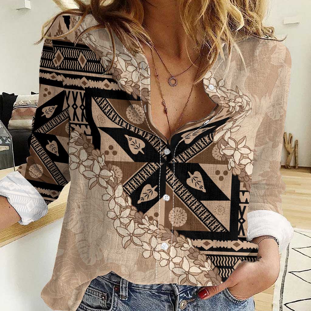 Bula Fiji Plumeria Tagimoucia Salusalu Beige Women Casual Shirt Kaiviti Masi LT7 Female Beige - Polynesian Pride