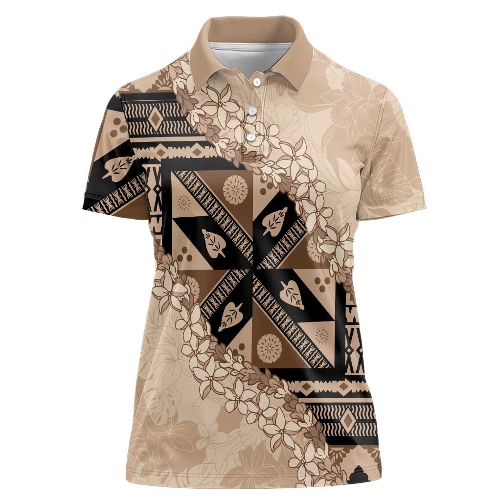 Bula Fiji Plumeria Tagimoucia Salusalu Beige Women Polo Shirt Kaiviti Masi LT7 Female Beige - Polynesian Pride