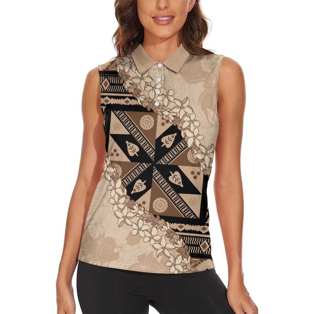 Bula Fiji Plumeria Tagimoucia Salusalu Beige Women Sleeveless Polo Shirt Kaiviti Masi LT7 - Polynesian Pride