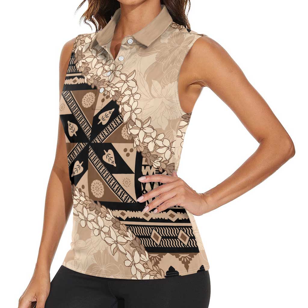 Bula Fiji Plumeria Tagimoucia Salusalu Beige Women Sleeveless Polo Shirt Kaiviti Masi LT7 - Polynesian Pride