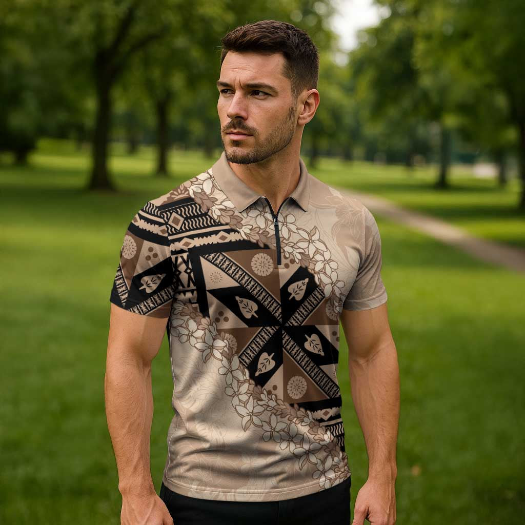 Bula Fiji Plumeria Tagimoucia Salusalu Beige Zipper Polo Shirt Kaiviti Masi LT7 - Polynesian Pride