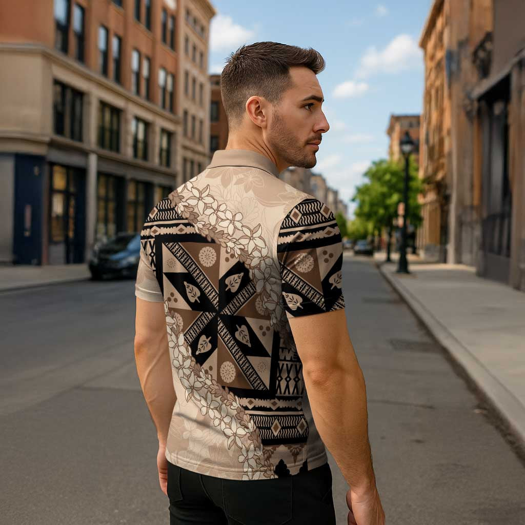 Bula Fiji Plumeria Tagimoucia Salusalu Beige Zipper Polo Shirt Kaiviti Masi LT7 - Polynesian Pride