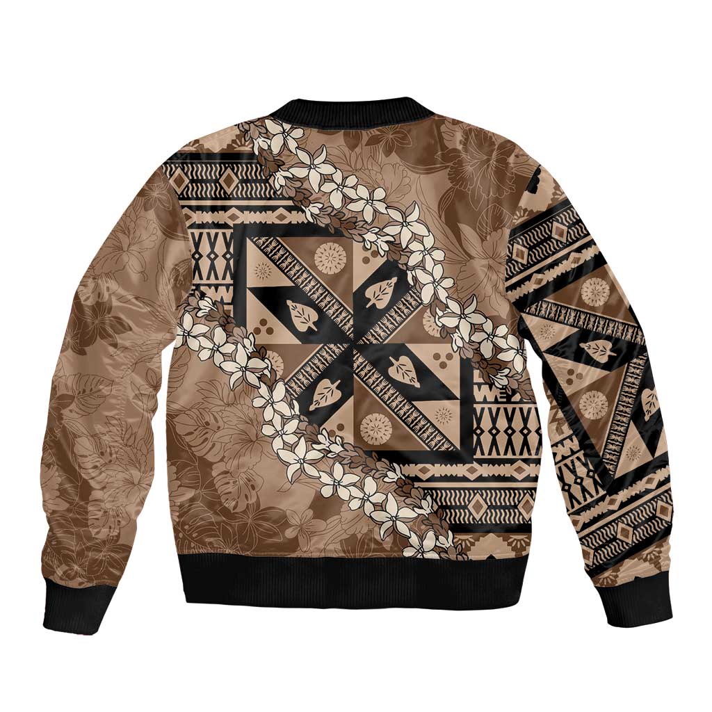 Bula Fiji Plumeria Tagimoucia Salusalu Mocha Bomber Jacket Kaiviti Masi LT7 - Polynesian Pride