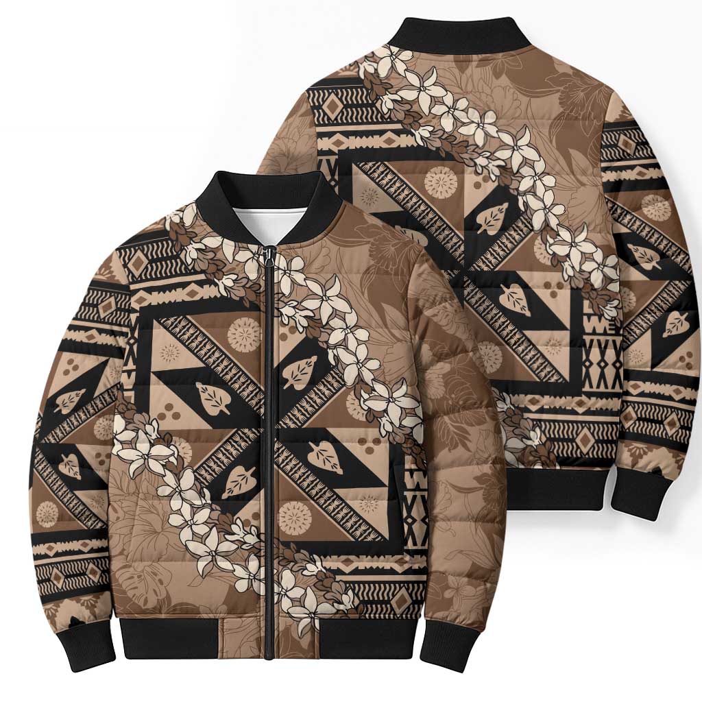 Bula Fiji Plumeria Tagimoucia Salusalu Mocha Bomber Puffer Jacket Kaiviti Masi - Polynesian Pride