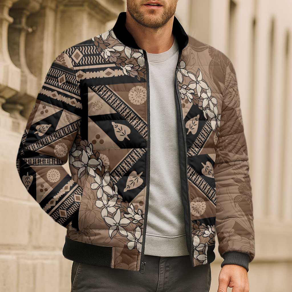 Bula Fiji Plumeria Tagimoucia Salusalu Mocha Bomber Puffer Jacket Kaiviti Masi - Polynesian Pride