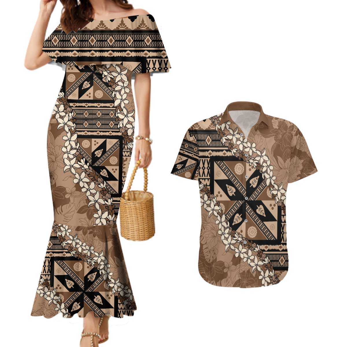 Bula Fiji Plumeria Tagimoucia Salusalu Mocha Couples Matching Mermaid Dress and Hawaiian Shirt Kaiviti Masi LT7 Mocha - Polynesian Pride