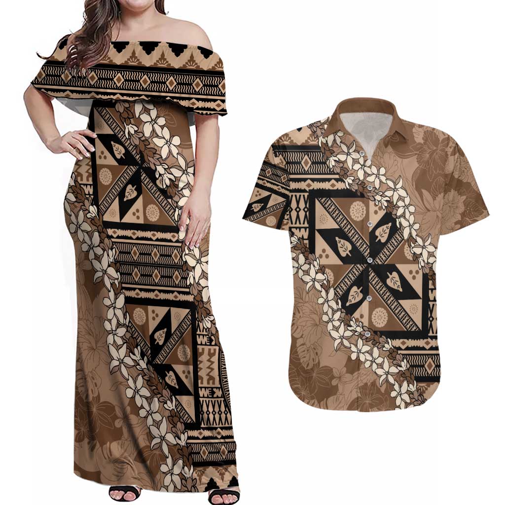 Bula Fiji Plumeria Tagimoucia Salusalu Mocha Couples Matching Off Shoulder Maxi Dress and Hawaiian Shirt Kaiviti Masi - Polynesian Pride