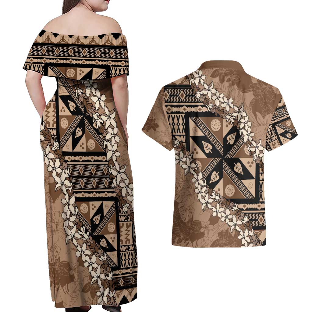 Bula Fiji Plumeria Tagimoucia Salusalu Mocha Couples Matching Off Shoulder Maxi Dress and Hawaiian Shirt Kaiviti Masi LT7 - Polynesian Pride