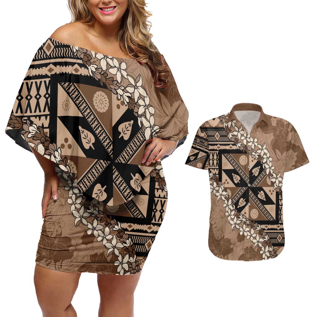 Bula Fiji Plumeria Tagimoucia Salusalu Mocha Couples Matching Off Shoulder Short Dress and Hawaiian Shirt Kaiviti Masi LT7 Mocha - Polynesian Pride