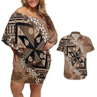 Bula Fiji Plumeria Tagimoucia Salusalu Mocha Couples Matching Off Shoulder Short Dress and Hawaiian Shirt Kaiviti Masi LT7 Mocha - Polynesian Pride