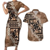 Bula Fiji Plumeria Tagimoucia Salusalu Mocha Couples Matching Short Sleeve Bodycon Dress and Hawaiian Shirt Kaiviti Masi LT7 Mocha - Polynesian Pride