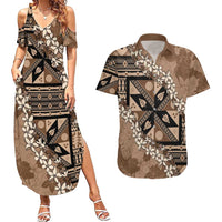Bula Fiji Plumeria Tagimoucia Salusalu Mocha Couples Matching Summer Maxi Dress and Hawaiian Shirt Kaiviti Masi LT7 Mocha - Polynesian Pride