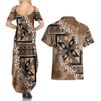 Bula Fiji Plumeria Tagimoucia Salusalu Mocha Couples Matching Summer Maxi Dress and Hawaiian Shirt Kaiviti Masi LT7 - Polynesian Pride