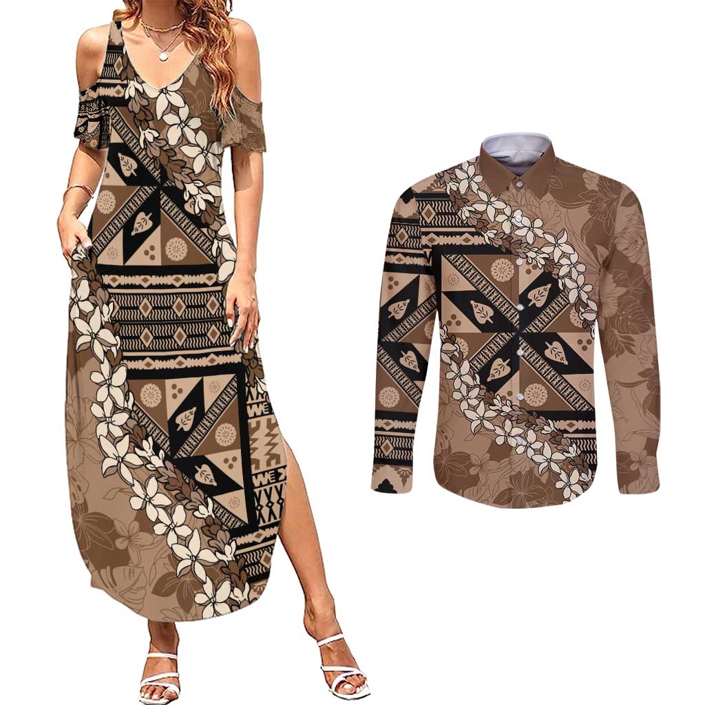 Bula Fiji Plumeria Tagimoucia Salusalu Mocha Couples Matching Summer Maxi Dress and Long Sleeve Button Shirt Kaiviti Masi LT7 Mocha - Polynesian Pride